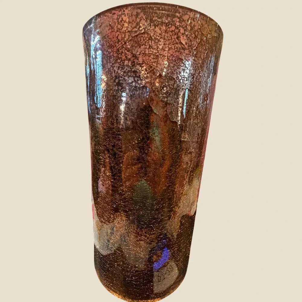 Pink Zebra Gold Mercury Crackle Glass Cylinder Vase 11.5 Inch Copper Bronze